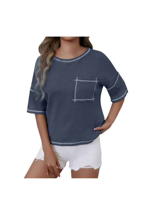 Women Summer T-Shirt Elbow Length Sleeve Loose Fitting Scoop-Neck Crop Tops Casual Comfy Tees with Pocket