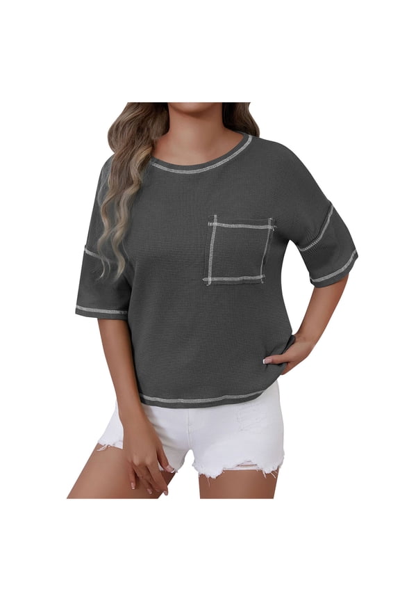Women Summer T-Shirt Elbow Length Sleeve Loose Fitting Scoop-Neck Crop Tops Casual Comfy Tees with Pocket
