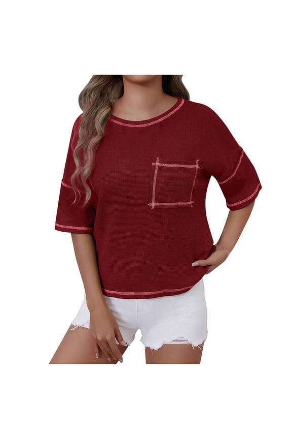 Women Summer T-Shirt Elbow Length Sleeve Loose Fitting Scoop-Neck Crop Tops Casual Comfy Tees with Pocket