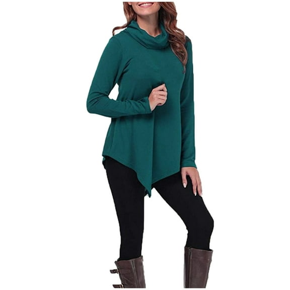 tarylea Women Tops Casual Turtleneck V Shaped Hem Tops Solid Color Long Sleeve Loose Shirt Comfy Tops