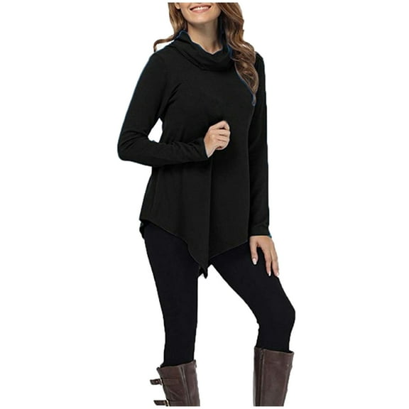 tarylea Women Tops Casual Turtleneck V Shaped Hem Tops Solid Color Long Sleeve Loose Shirt Comfy Tops