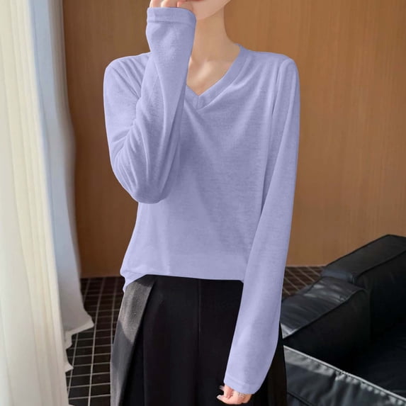 tarylea Women Tops Long Sleeve V Neck T-Shirts Casual Loose Fall Comfy Solid Color Breathable Basic Tops