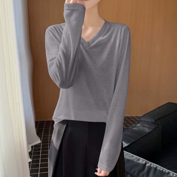 tarylea Women Tops Long Sleeve V Neck T-Shirts Casual Loose Fall Comfy Solid Color Breathable Basic Tops