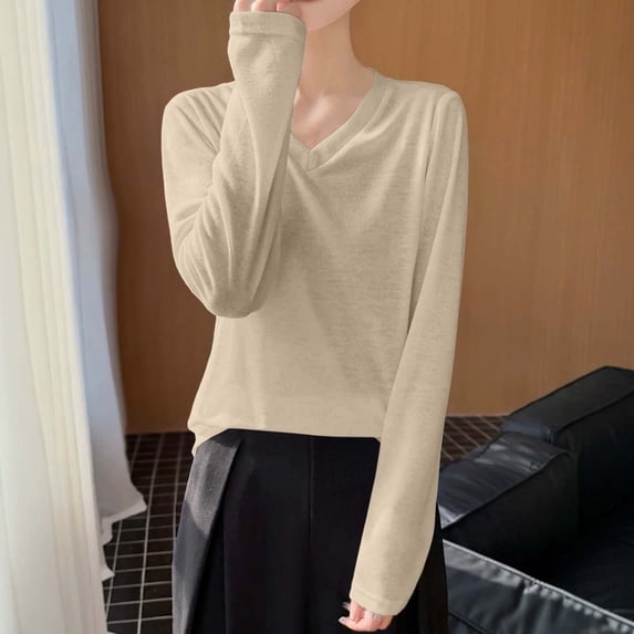 tarylea Women Tops Long Sleeve V Neck T-Shirts Casual Loose Fall Comfy Solid Color Breathable Basic Tops