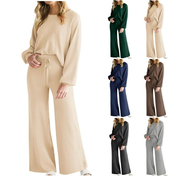 tarylea Women's 2 Piece Lounge Set Long Sleeve Scoop Neck Cinch Cuff Pullover Straight Leg Drawstring Pants Casual Fall Comfy Outfits