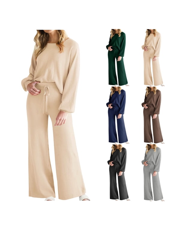 Women's 2 Piece Lounge Set Long Sleeve Scoop Neck Cinch Cuff Pullover Straight Leg Drawstring Pants Casual Fall Comfy Outfits