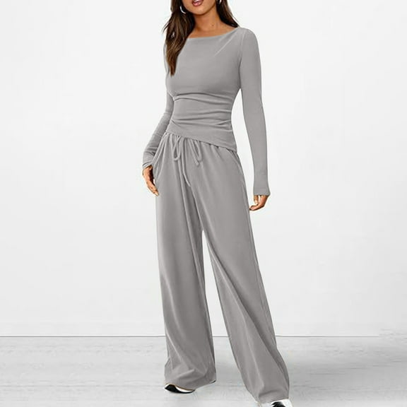 tarylea Women's 2 Piece Lounge Sets Long Sleeve Scoop Neck Irregular Hem Tops Drawstring Straight Leg Pants Casual Comfy Fall Outfits
