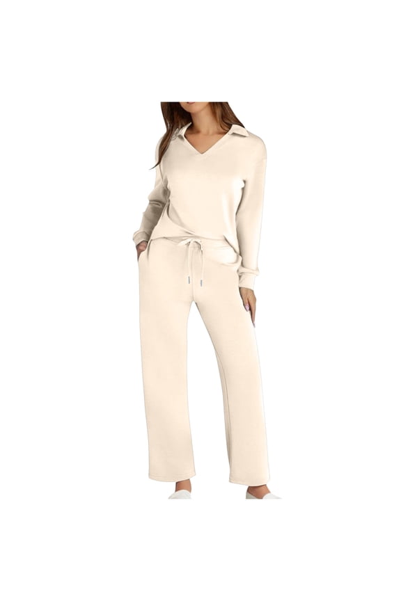 Women's 2 Piece Outfit Matching Lounge Set Long Sleeve Turn down Collar Tops Drawstring Straight Leg Pants Casual Comfy Fall Sets