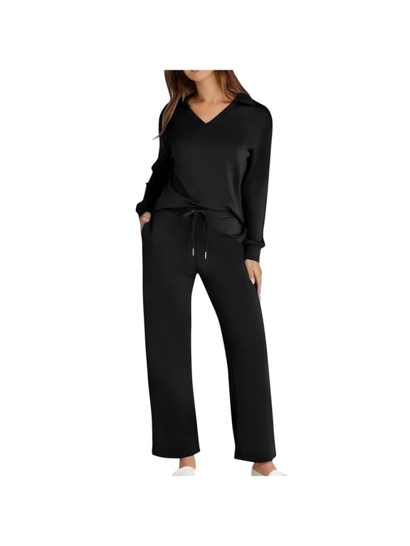 Women's 2 Piece Outfit Matching Lounge Set Long Sleeve Turn down Collar Tops Drawstring Straight Leg Pants Casual Comfy Fall Sets