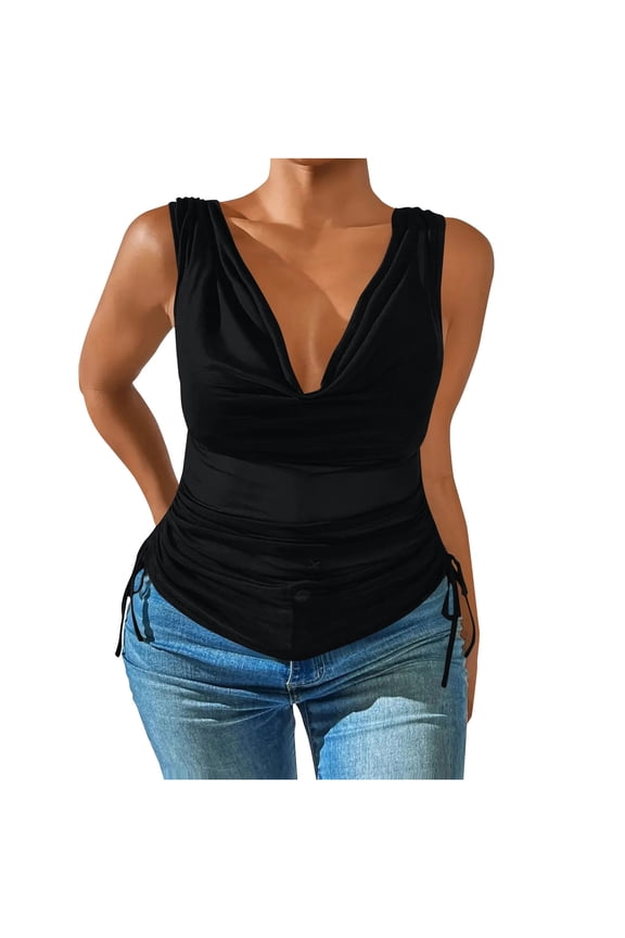 Women's Casual Dressy Tank Tops Summer Draped Cowl Neck Side Drawstring Fitted Sleeveless Tops