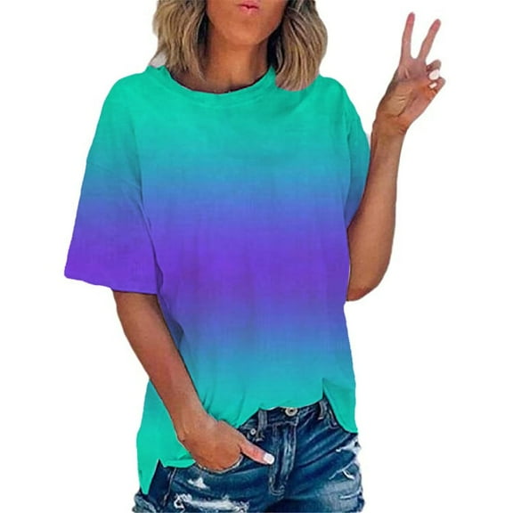 tarylea Women's Casual Short Sleeve Crew Neck T-Shirt Loose Summer Comfy Dressy Gradient Color Blouse Top