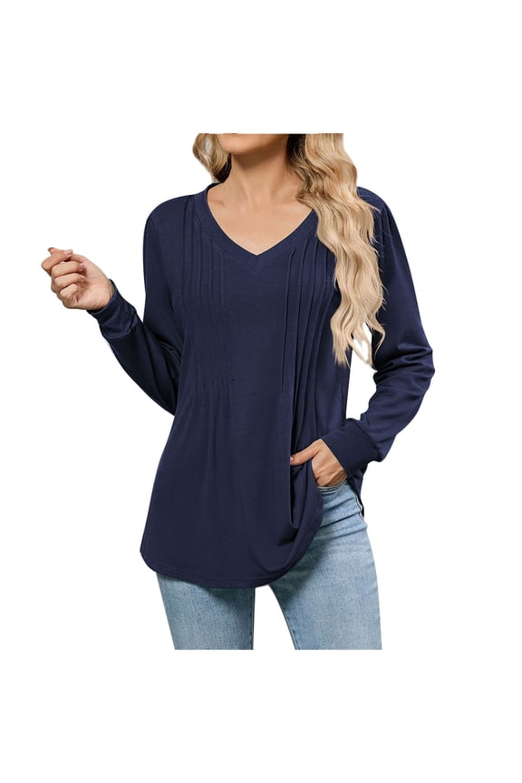 Women's Fall Tops V Neck Pleated Tunic U Shaped Hem Long Sleeve Solid Color Shirts Loose Comfy Dailywear