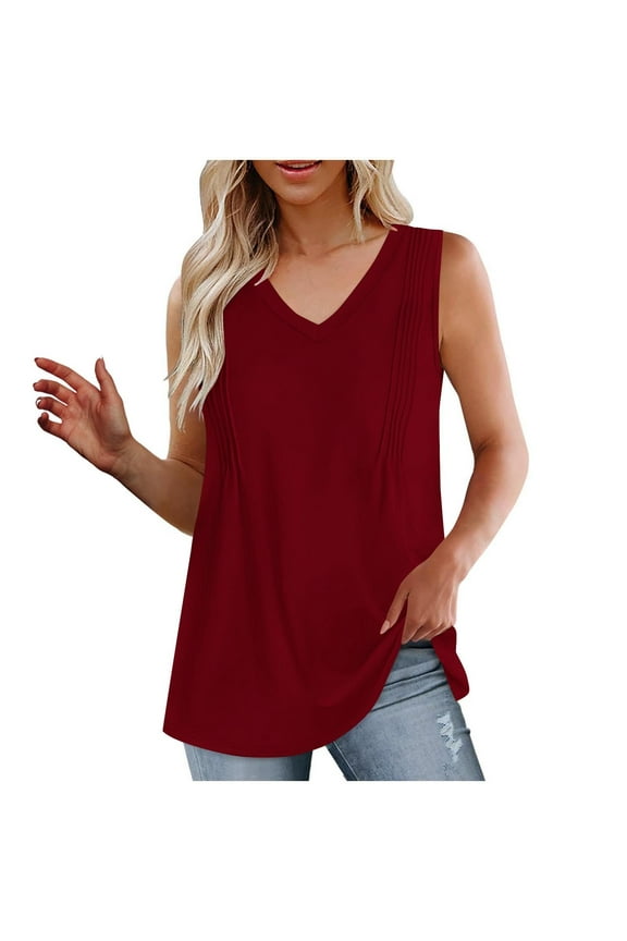 Women's Long Tunic Tank V Neck Pleated Wide Straps Loose Fitting Summer Comfy Casual Tank Tops Solid Color