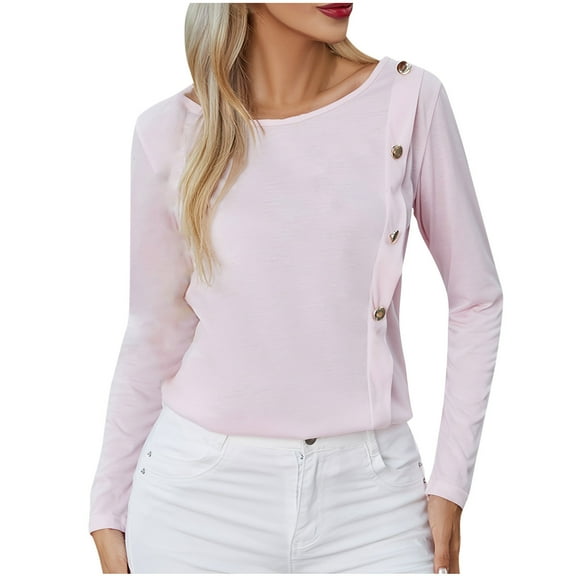 tarylea Women's Shirt Fall Scoop Neck Side Button Tops Lightweight Solid Color Blouse Work Office Dailywear