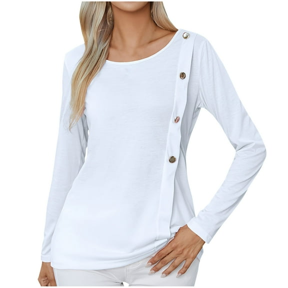 tarylea Women's Shirt Fall Scoop Neck Side Button Tops Lightweight Solid Color Blouse Work Office Dailywear