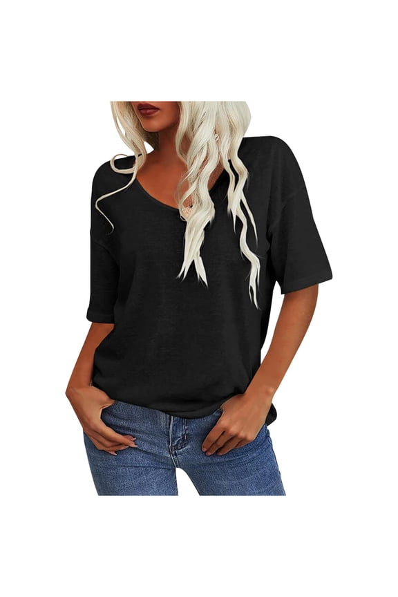 Women's T-Shirt Summer Elbow Length Sleeve Crew Neck Loose Fitting Basic Solid Color Tees