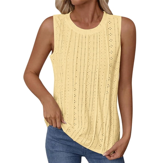 tarylea Women's Tank Tops Eyelet Pleated Front Crewneck Sleeveless Summer Dressy Casual Vacation Blouses Tees