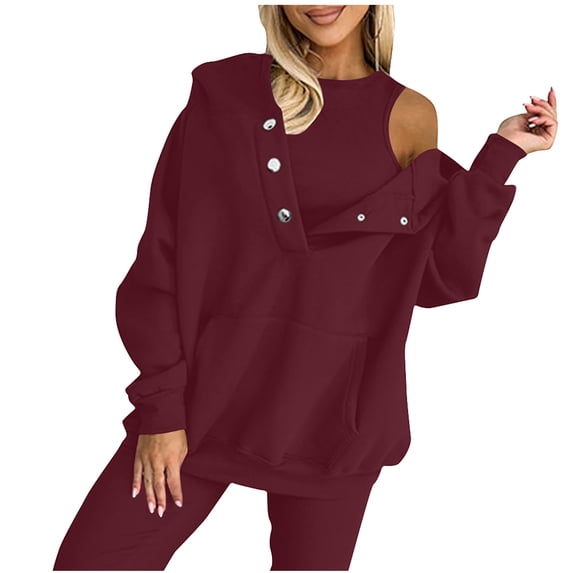 tarylea Women's Tops 2 Piece Set Crew Neck Wide Strap Tank Top Half Button Hoodies with Pocket Solid Color Sweatshirt Casual Trendy Outfits