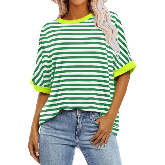 tarylea Women's Tops Stripe Short Sleeve Crew Neck Oversized T-Shirts Casual Summer Dressy Color Blocked Blouse Tops