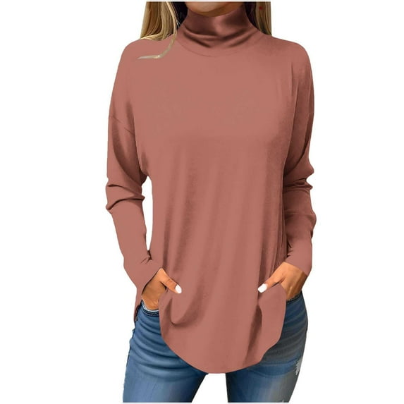 JnLxul Women's Tops Trendy High Neck Long Sleeve Tunic Solid Color Loose Undershirts Casual Basic Fall Tops