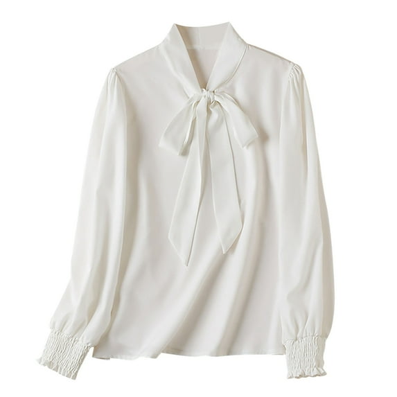 tarylea Women's Trendy Tops V Neck Bow Tie Shirts Chiffon Long Sleeve Solid Color Tops Business Work Office Shirts