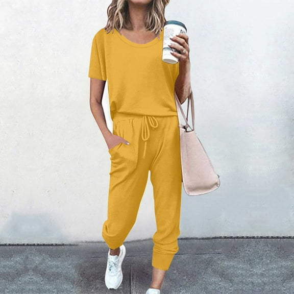 tarylea Womens 2 Piece Lounge Sets Short Sleeve Scoop Neck T-Shirts Drawstring Cinch Bottom Pants with Pockets Casual Comfy Stretch Outfits