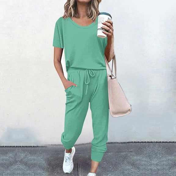 tarylea Womens 2 Piece Lounge Sets Short Sleeve Scoop Neck T-Shirts Drawstring Cinch Bottom Pants with Pockets Casual Comfy Stretch Outfits