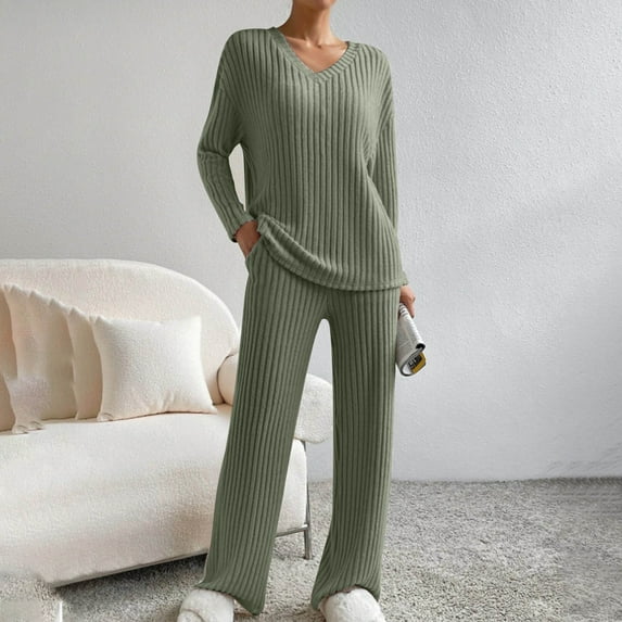 tarylea Womens 2 Piece Ribbed Knitted Sets Long Sleeve V Neck Pullover High Rise Straight Leg Pants Casual Comfy Fall Outfits