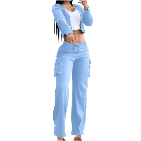 tarylea Womens 2 Piece Sets Long Sleeve V Neck Button Crop Top Straight Leg Elastic Waist Drawstring Pants Casual Fall Comfy Lounge Outfits