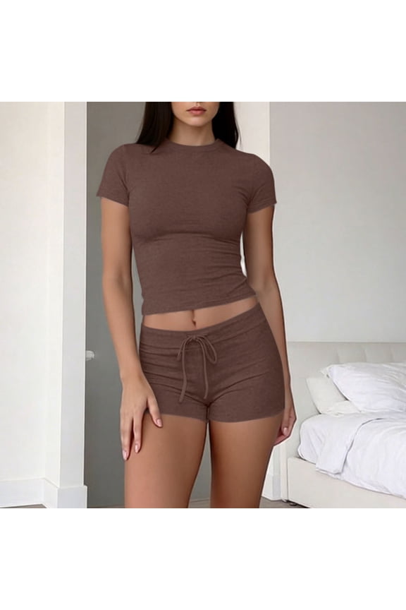 Womens 2 Piece Sets Short Sleeve Crew Neck Fitted Crop Tops Drawstring Mid Rise Shorts Casual Summer Plain Comfy Outfits
