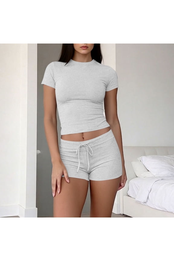 Womens 2 Piece Sets Short Sleeve Crew Neck Fitted Crop Tops Drawstring Mid Rise Shorts Casual Summer Plain Comfy Outfits