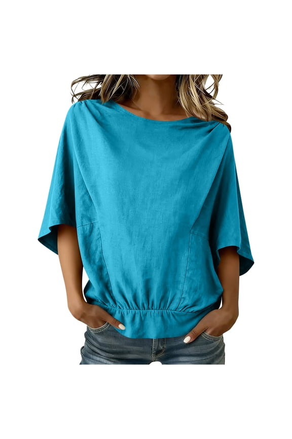 Womens Blouses Elbow Length Sleeve Cotton Linen Boat Neck Ruched Drop Shoulder Casual Loose Summer Elastic Waist Tops