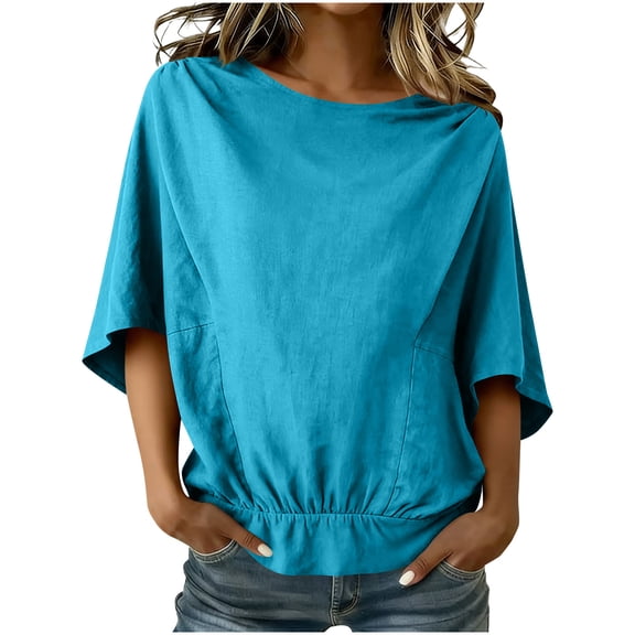 tarylea Womens Blouses Elbow Length Sleeve Cotton Linen Boat Neck Ruched Drop Shoulder Casual Loose Summer Elastic Waist Tops