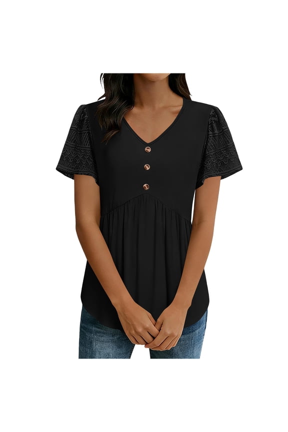 Womens Blouses Eyelet Short Sleeve V Neck Button Decor Dressy Summer Pleated Peplum Flowy Shirts