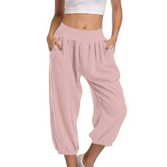 tarylea Womens Capri Pants Cinch Bottom High Rise Pants Casual Loose Solid Color Summer Pants with Pockets
