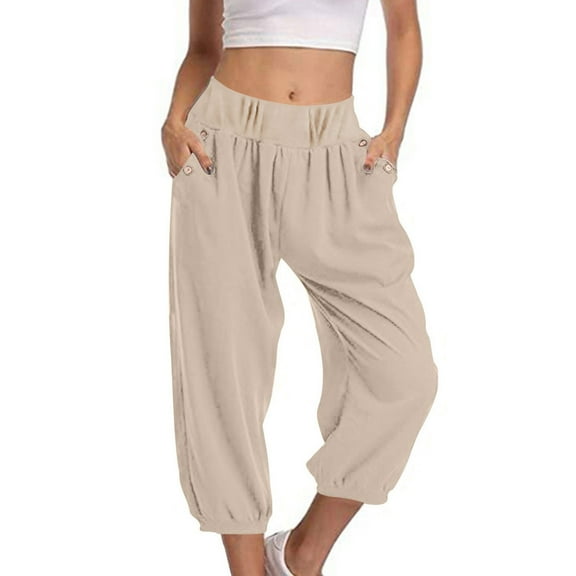 tarylea Womens Capri Pants Cinch Bottom High Rise Pants Casual Loose Solid Color Summer Pants with Pockets