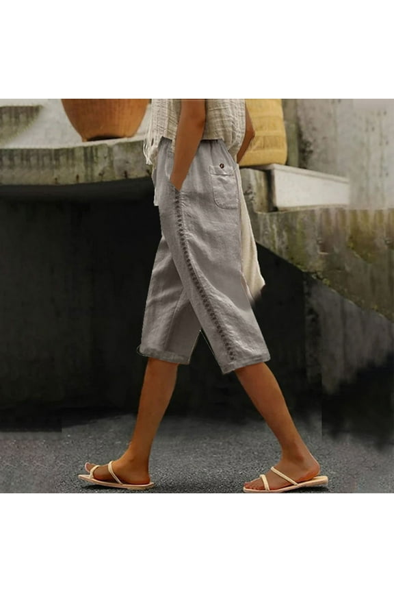 Womens Capri Pants Elastic Waist Drawstring Straight Leg Side Eyelet Pants Casual Summer Comfy Lightweight Pants