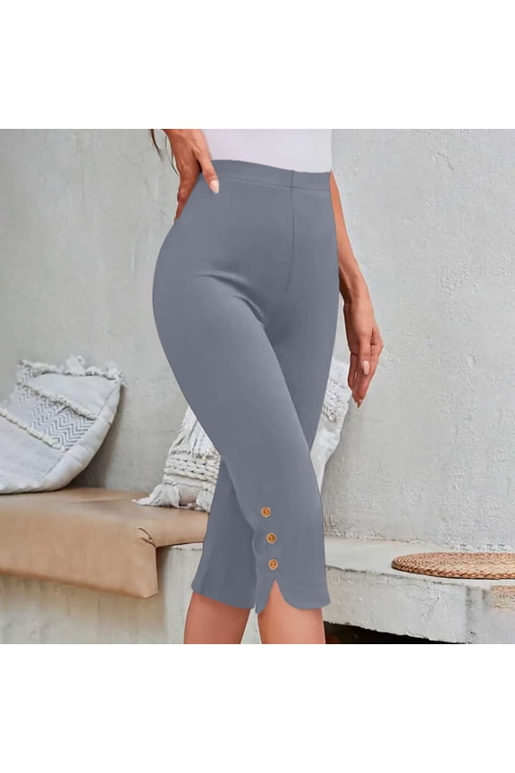 Womens Capri Pants High Waist Slim Fitted Leggings 3/4 Length Pants Solid Color Button Bottoms Casual Comfy Stretch Summer Pants