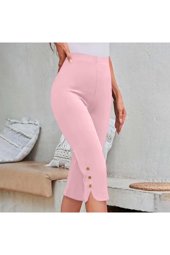 Womens Capri Pants High Waist Slim Fitted Leggings 3/4 Length Pants Solid Color Button Bottoms Casual Comfy Stretch Summer Pants