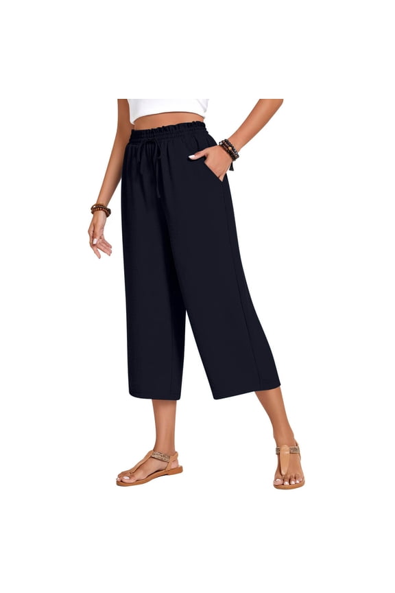 Womens Capri Pants Ruffled Elastic Waist Drawstring Trousers Wide Leg Solid Color Pants with Pockets Casual Loose Summer Pants