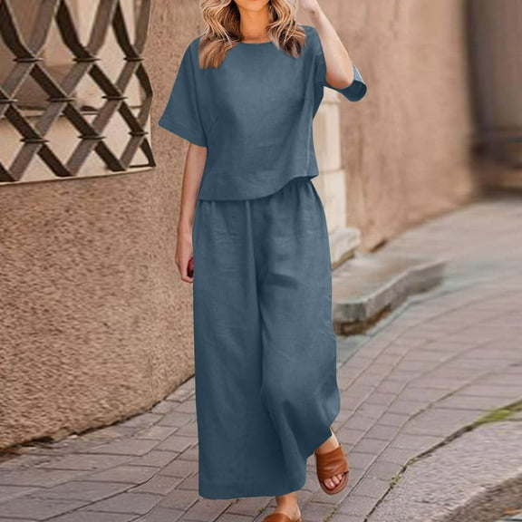 tarylea Womens Cotton Linen 2 Piece Outfits Short Sleeve Scoop Neck T-Shirt Elastic Waist Wide Leg Pants Casual Lightweight Breathable Suits