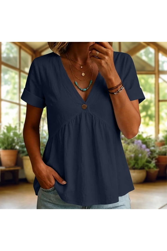 Womens Cotton Linen Tops Rolled Short Sleeve Deep V Neck Ruffled Hem Blouse Tops Casual Summer Lightweight Dressy Tops