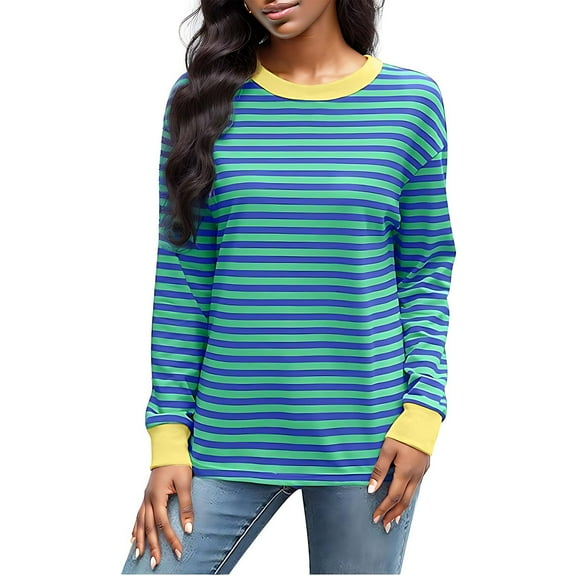 tarylea Womens Fall Tops Long Sleeve Crew Neck Striped Pullover Color Blocked Cinch Cuff Blouse Casual Loose Comfy Tops