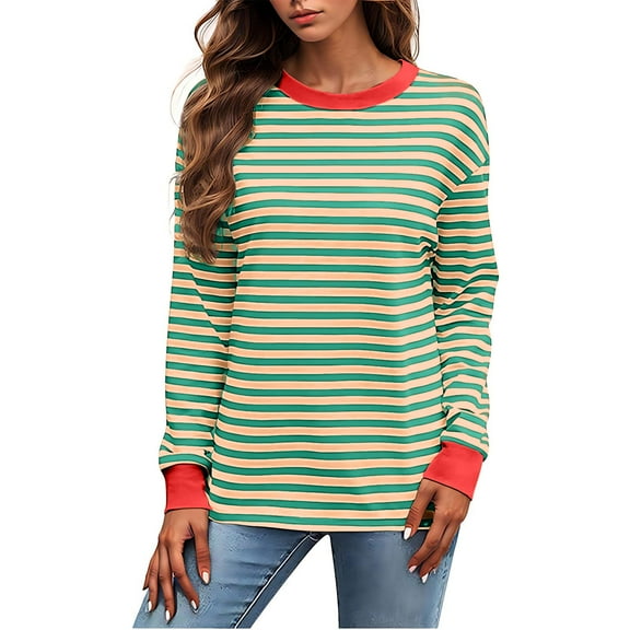 tarylea Womens Fall Tops Long Sleeve Crew Neck Striped Pullover Color Blocked Cinch Cuff Blouse Casual Loose Comfy Tops