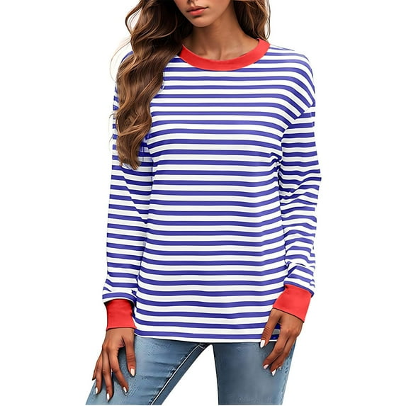 tarylea Womens Fall Tops Long Sleeve Crew Neck Striped Pullover Color Blocked Cinch Cuff Blouse Casual Loose Comfy Tops