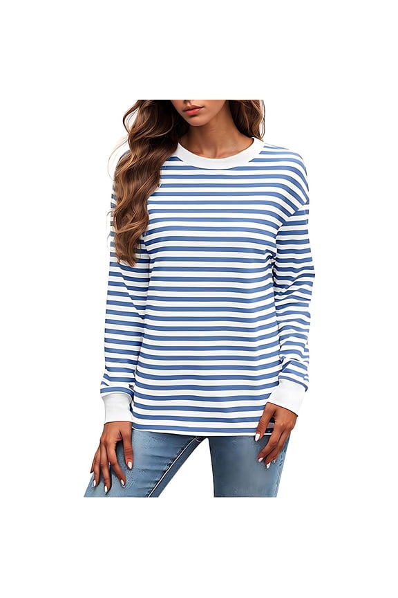 Womens Fall Tops Long Sleeve Crew Neck Striped Pullover Color Blocked Cinch Cuff Blouse Casual Loose Comfy Tops