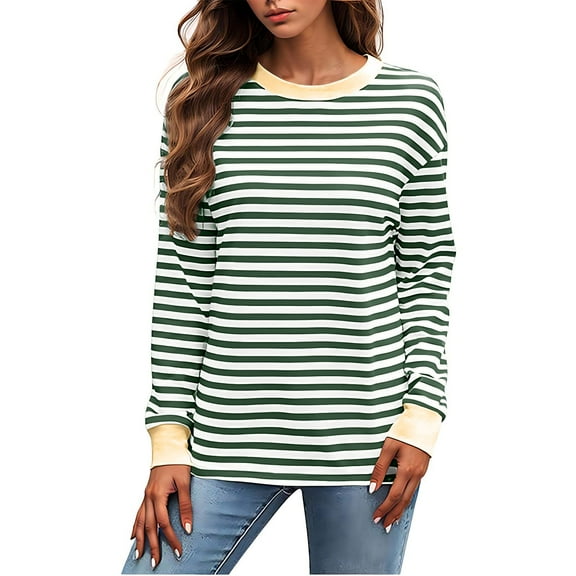 tarylea Womens Fall Tops Long Sleeve Crew Neck Striped Pullover Color Blocked Cinch Cuff Blouse Casual Loose Comfy Tops