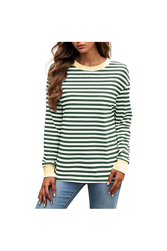 Womens Fall Tops Long Sleeve Crew Neck Striped Pullover Color Blocked Cinch Cuff Blouse Casual Loose Comfy Tops