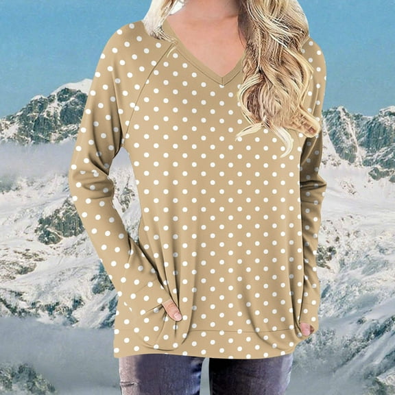 tarylea Womens Fall Tops Long Sleeve Dotted V Neck Cinch Cuff Blouse Casual Loose Comfy Soft Pullover with Pockets