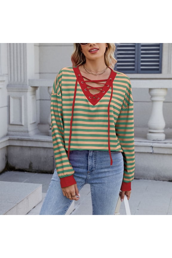 Womens Fall Tops Long Sleeve Drawstring Cross Front Pullover Striped Color Blocked Tunic Tops Casual Loose Fall Dressy Blouse